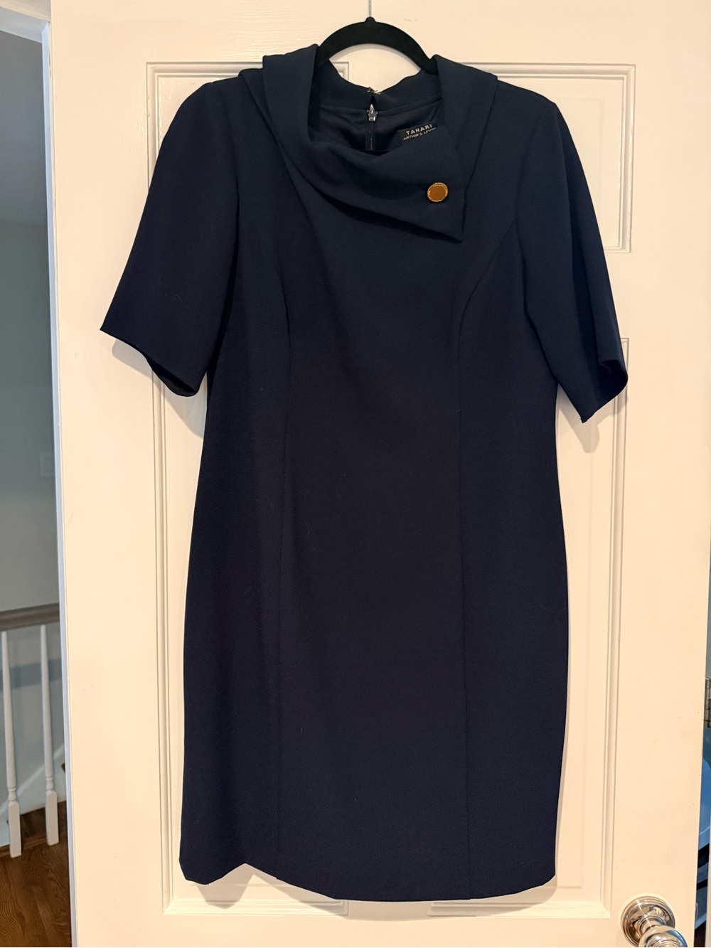Tahari Navy Short-Sleeve Sheath Dress with Gold Button